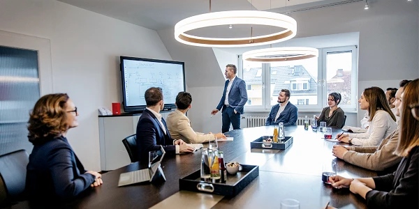 Eine Gruppe von sieben Personen sitzt um einen Konferenztisch, während ein Mann an der Wand ein Diagramm präsentiert. Alle Teilnehmer sind auf die Präsentation konzentriert und notieren sich Informationen in ihren Notizblöcken. An einem der Tische stehen mehrere Getränke und Schreibmaterialien.