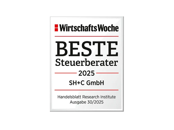 Die Auszeichnung der WirtschaftsWoche für die besten Steuerberater 2025, präsentiert von SH+C GmbH, mit dem Vermerk des Handelsblatt Research Institutes und der Ausgabe 30/2025.